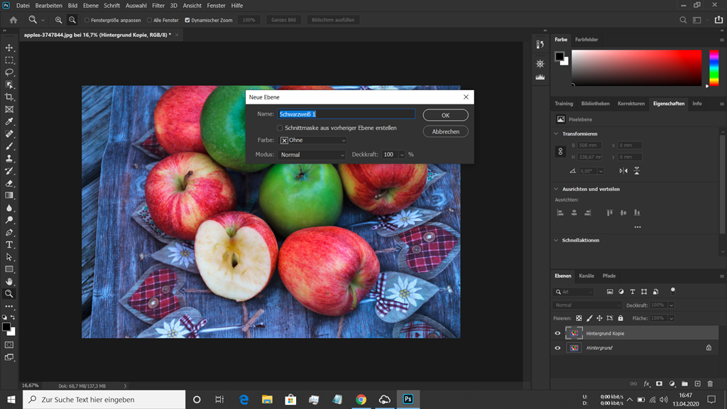 Dialogfeld in Photoshop zum Erstellen einer Schwarz Weiss Einstellungsebene