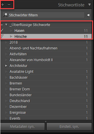 Markierte Stichworte zur Bereinigung der Stichwortliste in Lightroom